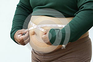 Close-up of fat woman on white background. Concept for obesity issue, diet of food for health