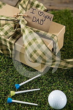 Close up of fathers day gift with golf ball and tee