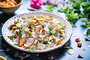 close-up of fattoush ingredients arranged separately