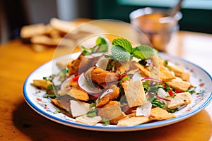 close-up of fattoush showing texture of fried bread
