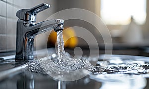 Close-Up of Faucet With Water Flowing.