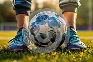 Close up feet of football player standing with the ball on the grass