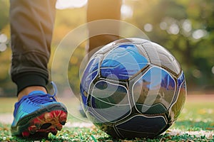 Close up feet of football player standing with the ball on the stadium