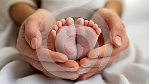 Close-up of Feet of Newborn Baby in the Mother Hands - Generative Ai