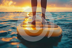 Close-up of feet on a paddleboard at sea during a stunning sunset