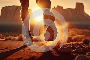 Close Up Feet of Runner Running Toward Mountain AI Generated