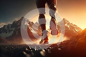 Close Up Feet of Runner Running Toward Mountain AI Generated