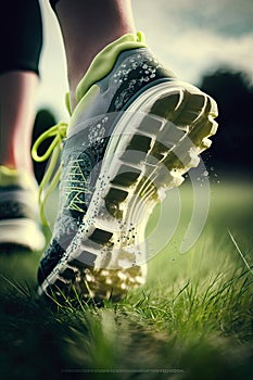 Close-up at the feet of a woman running in sneakers.