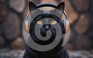 Close up of a Felidae with black hair, wearing headphones