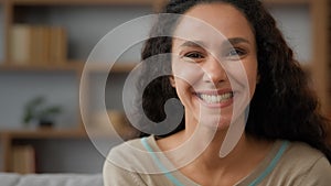 Close up female 30s adult pensive lady dreaming thoughtful Hispanic Caucasian woman thinking looking away turn head to