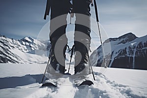 Close up on a female adventurer's boot, ski and binding during ski touring in the mountains
