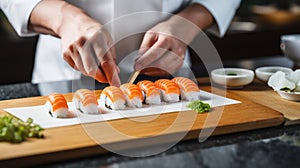 Close-up of female chef making sushi rolls in restaurant kitchen. Generative AI