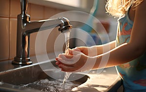 Close up of female child washing hands in washroom under faucet with water, soap