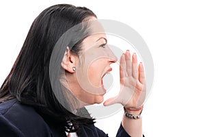 Close-up of female entrepreneur yelling at blank copyspace