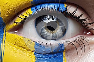 Close-up of a female eye adorned with yellow-blue paint, representing the challenges faced by Ukrainians and symbolizing their