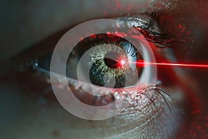 Close-up of a female eye with a red laser beam aimed at the pupil. Ophthalmology concept Ai photo photo