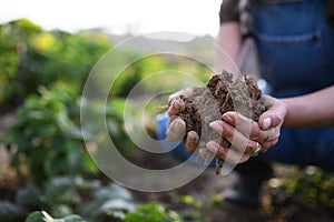 Close up of female famer hands holding soil outdoors at community farm.