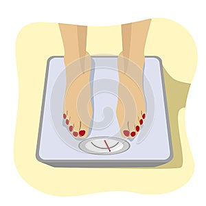 Close up of female feet standing on weight scale. Concept of weight loss, healthy lifestyles, diet, proper nutrition.