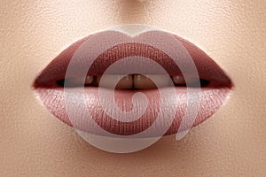 Close-up Female Full Lips with Fashion Natural Lipstick Makeup. Macro Sexy Lip Stick Make-up. Mat Fashionable Style photo