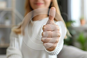 Close up of female hand giving thumbs up gesture, signifying approval and liked content photo