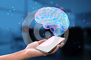 Close up of female hand holding cellphone with glowing human brain hologram on blurry background. Artificial intelligence,