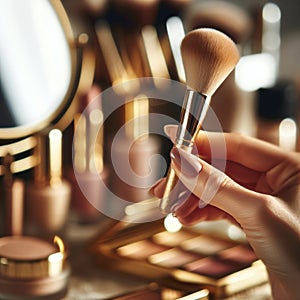 Close-up of a female hand holding a golden makeup brush, background featuring a blurred vanity mirror.. AI generated.