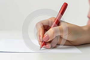 Close-up of a female hand holding a red ballpoint pen, poised to write on a blank sheet of paper, with a focus on the
