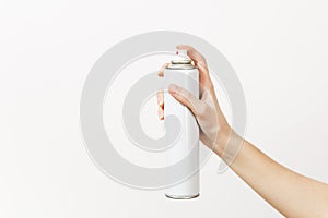 Close up of female hand horizontal holds empty spray bottle with copy space isolated on white background. Instruments