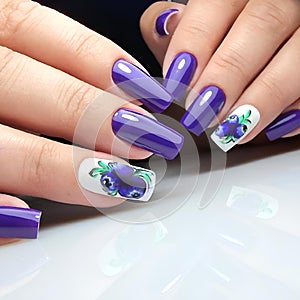 Close-up of a female hand with long and well-manicured fingernails decorated with a floral pattern