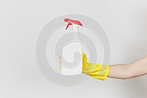 Close up of female hand with place for text isolated on white background. Cleaning supplies concept. Copy space advertisement