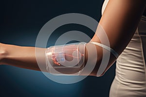 Close-up of female hand with pulse oximeter on blue background, Close-up of a woman attaching a continuous glucose monitor to her