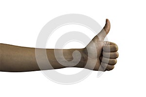 Close-up of Female hand showing thumbs up sign isolated on white background with clipping path