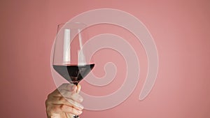 Close up female hand swirling red wine in wine glass. Wine expert tasting, rating and drinking wine on pink wall studio