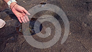 Close-up female hand touching sea water. People and nature. World Earth Day concept. Environmental conservation.