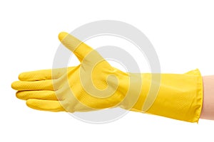 Close up of female hand in yellow protective rubber glove giving for handshake