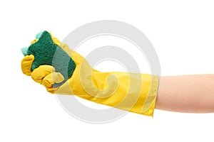 Close up of female hand in yellow protective rubber glove holding green cleaning sponge