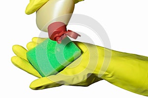 Close up of female hand in yellow protective rubber glove holding green cleaning sponge against white background.