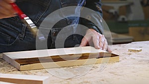 Close-up of female hands is applying of protective varnish on wood plank.