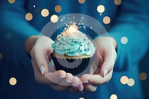 Close up of female hands holding cupcake with blue cream and sparkler, Birthday cupcake with candle on wooden table with bokeh