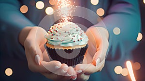 Close up of female hands holding cupcake with blue cream and sparkler, Birthday cupcake with candle on wooden table with bokeh