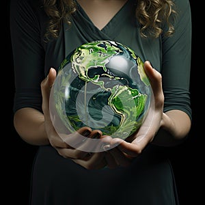 Close-up of female hands holding a model of the planet Earth. Saving our planet. Earth Day.