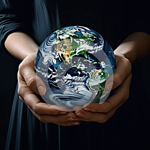 Close-up of female hands holding a model of the planet Earth. Saving our planet. Earth Day. Respect for nature.