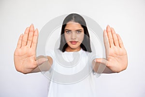 Close-up of female hands making forbiddance gesture