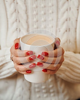 Close-up of female hands with a mug of beverage. Girl in warm sweater is holding hot cup of coffee or cocoa in hands.
