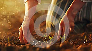 Close-up of female hands planting small seedlings in the ground