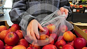 Close up of female hands putting apples into reusable produce eco bag