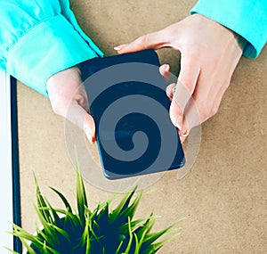 Close-up of female hands using smart phone while working on computer at modern office interior, businesswoman typing