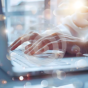 Close-up of female hands working on laptop. Selective focus, flare sun. Cropped shot of woman\'s hands typing on keyboard