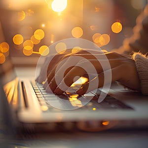 Close-up of female hands working on laptop. Selective focus, flare sun. Cropped shot of woman\'s hands typing on keyboard