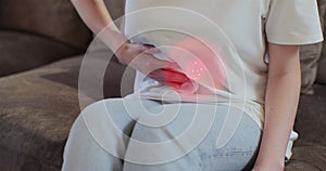 Close up of female having symptom poisoning diarrhea indigestion peptic ulcer or menstrual pain at home. 3d animation